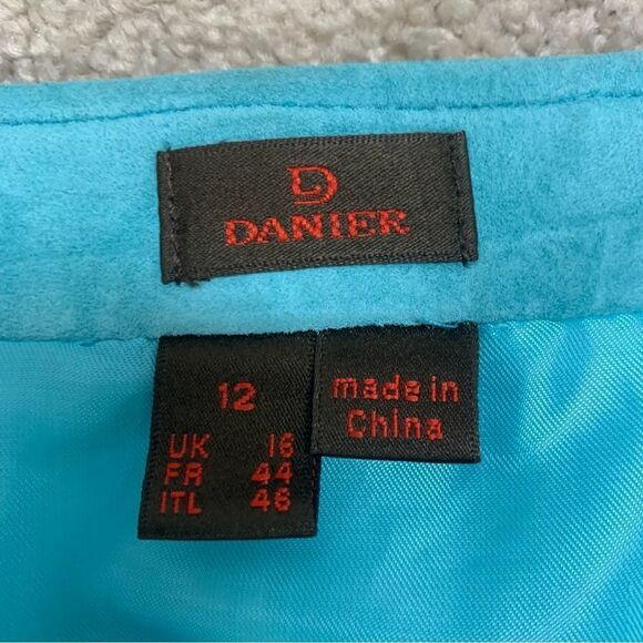 DANIER Leather blue suede asymmetrical hem A-line skirt Sz 12 - Picture 4 of 8